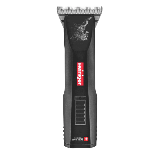 Horse Saphir Cordless Clipper with 2 Batteries and #10WF Blade by Heiniger,"Black cordless clipper with silver blade, front view"