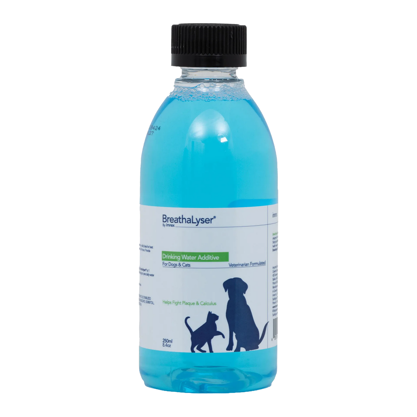 Breathalyser® Drinking Water Additive for Dogs and Cats,"Blue liquid bottle with black cap and dog and cat label"