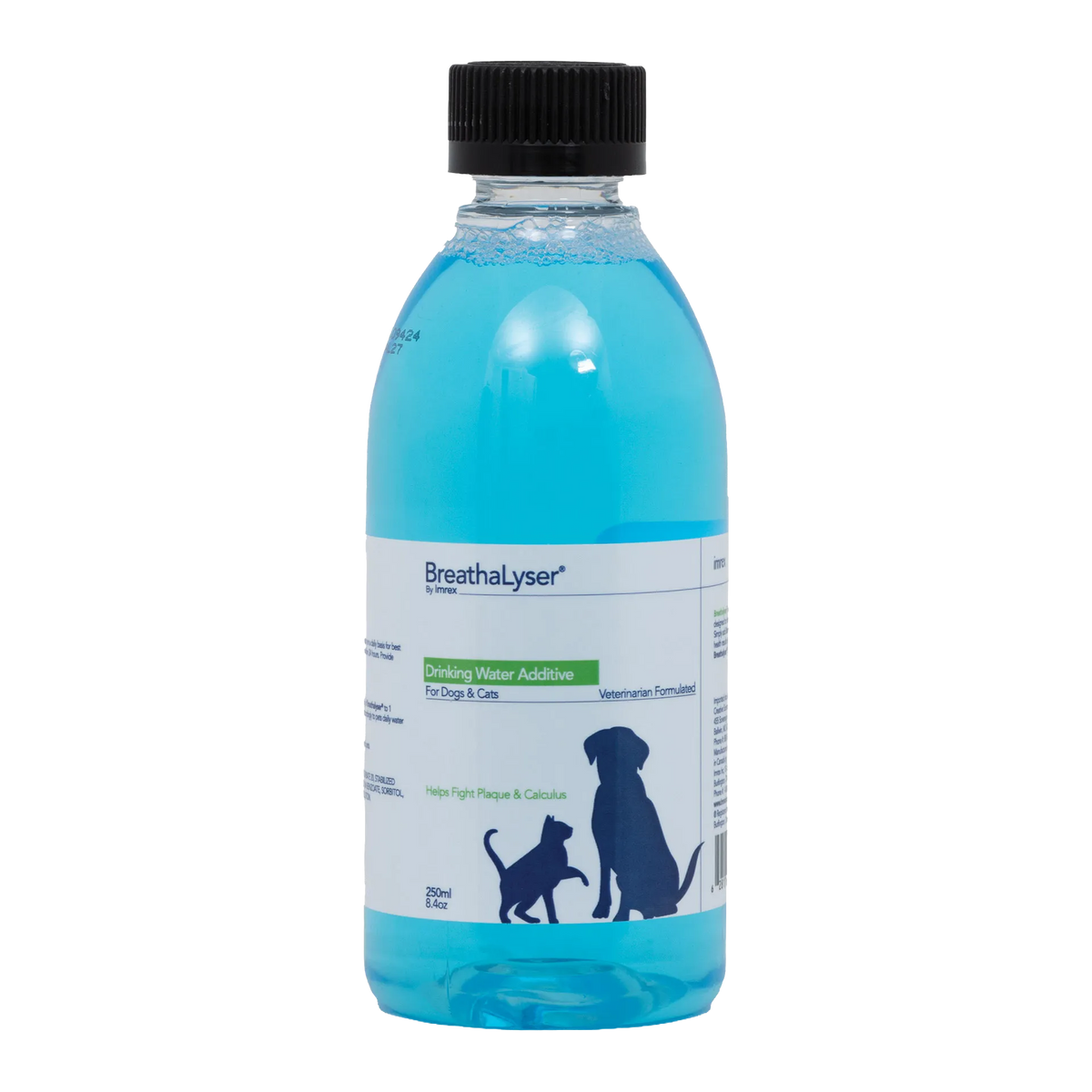 Breathalyser® Drinking Water Additive for Dogs and Cats,"Blue liquid bottle with black cap and dog and cat label"