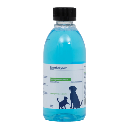 Breathalyser® Drinking Water Additive for Dogs and Cats,"Blue liquid bottle with black cap and dog and cat label"