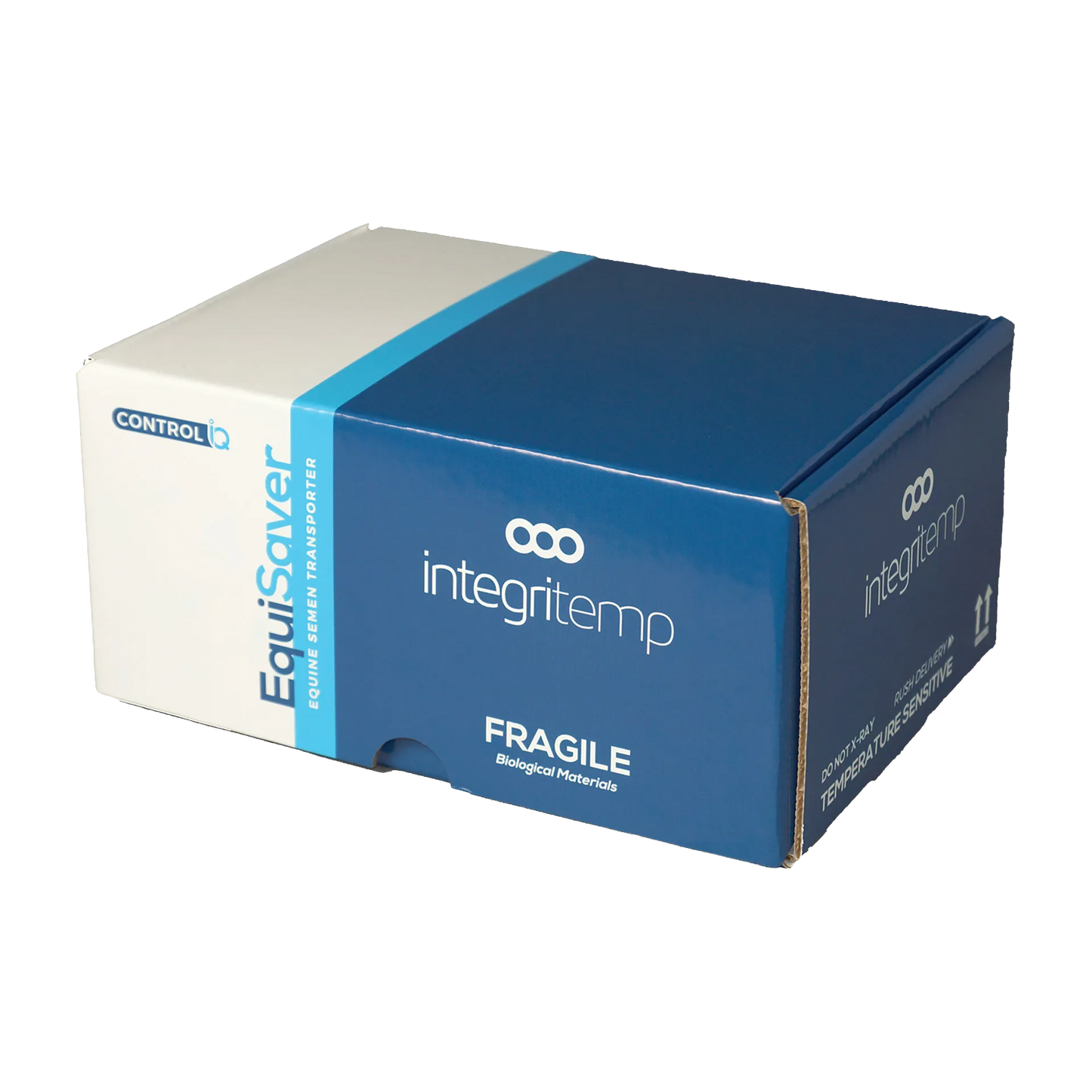 EquiSaver Cooled Semen Shipper,"Blue and white insulated shipping box, angled view"