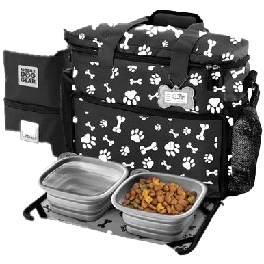 Week Away® Tote Bag,"Black tote bag with paw print, fold-out tray, bowls, and side pouch"