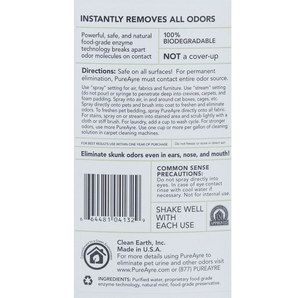 Pureayre® Odor Eliminator,"Back label view of bottle with directions and barcode"