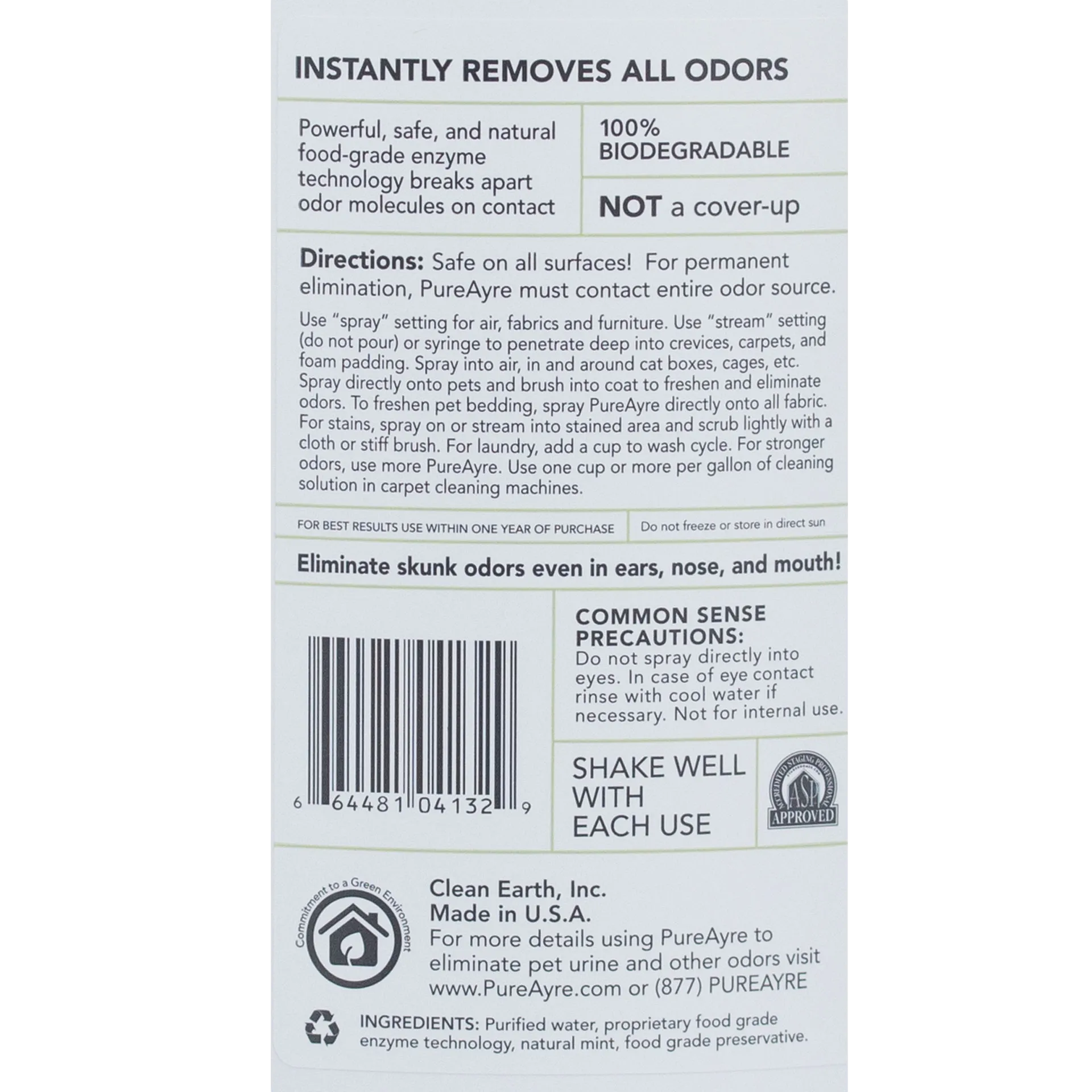 Pureayre® Odor Eliminator,"Back label view of bottle with directions and barcode"