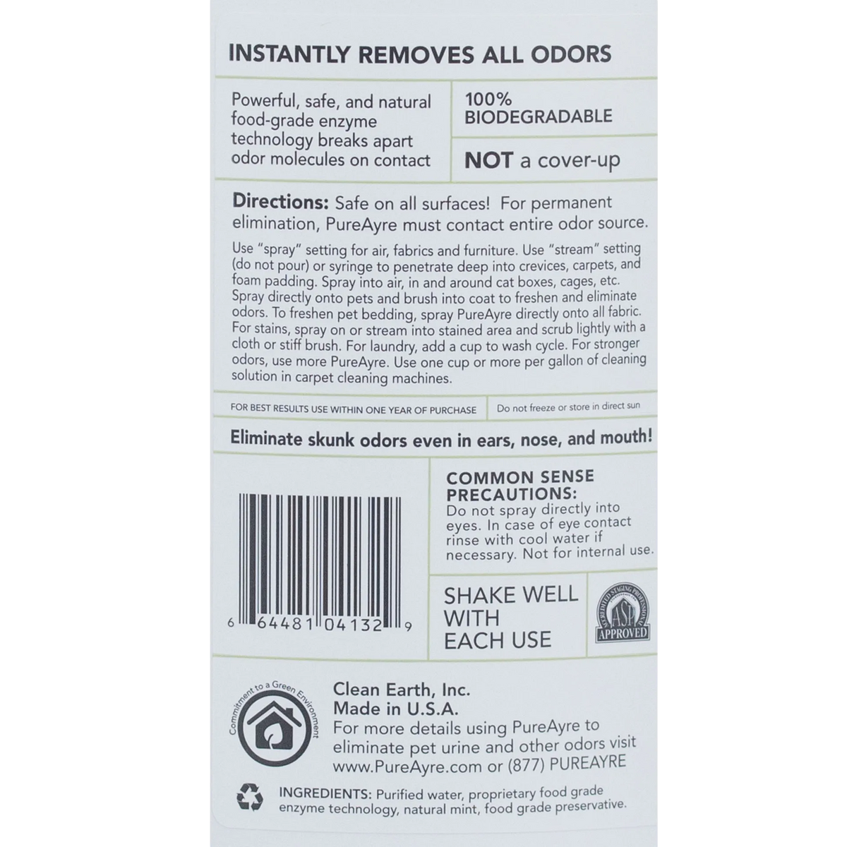 Pureayre® Odor Eliminator,"Back label view of bottle with directions and barcode"