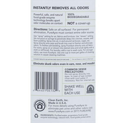 Pureayre® Odor Eliminator,"Back label view of bottle with directions and barcode"
