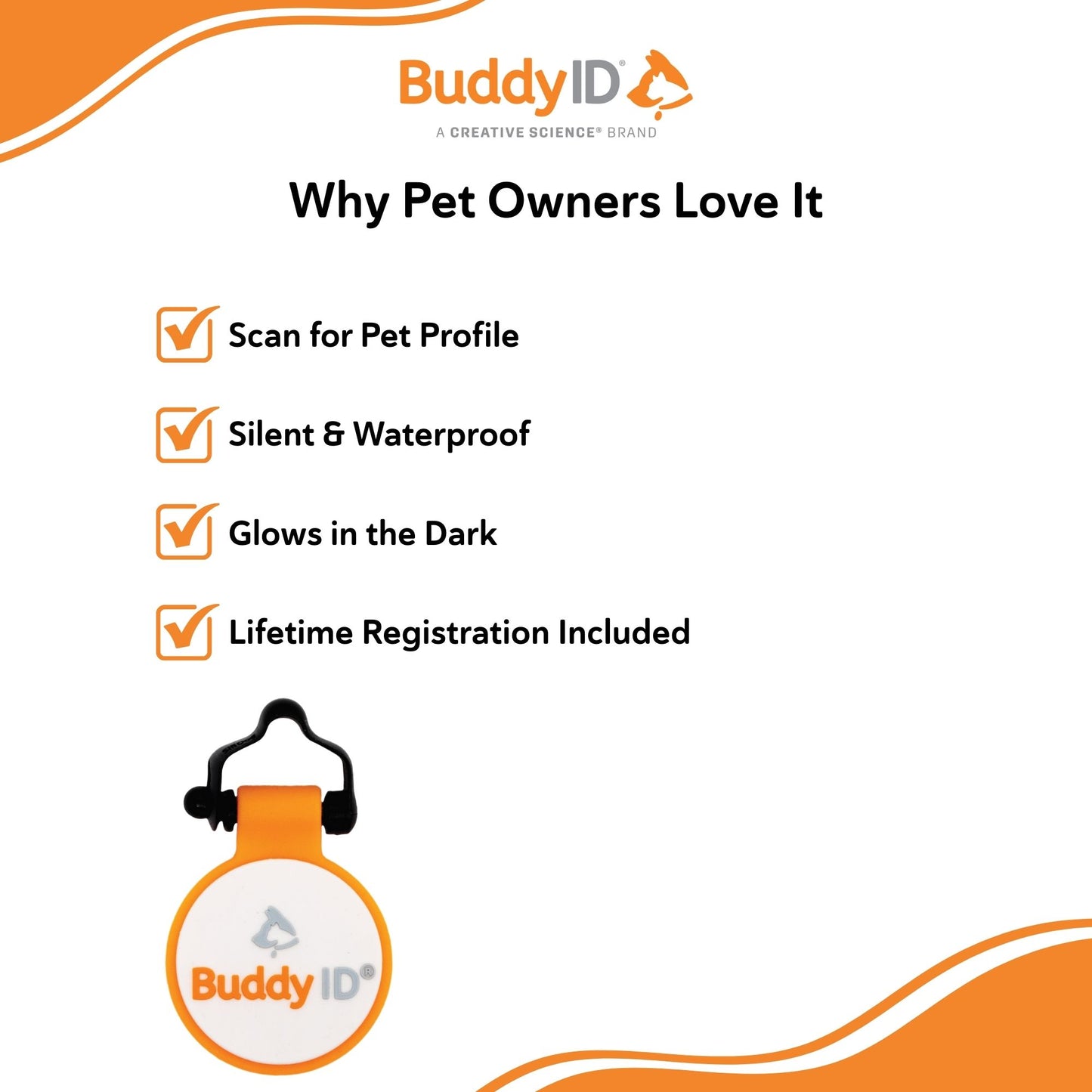 BuddyID® BuddyBadge® Silicone Collar Tag,"Round orange and white collar tag with black clip"
