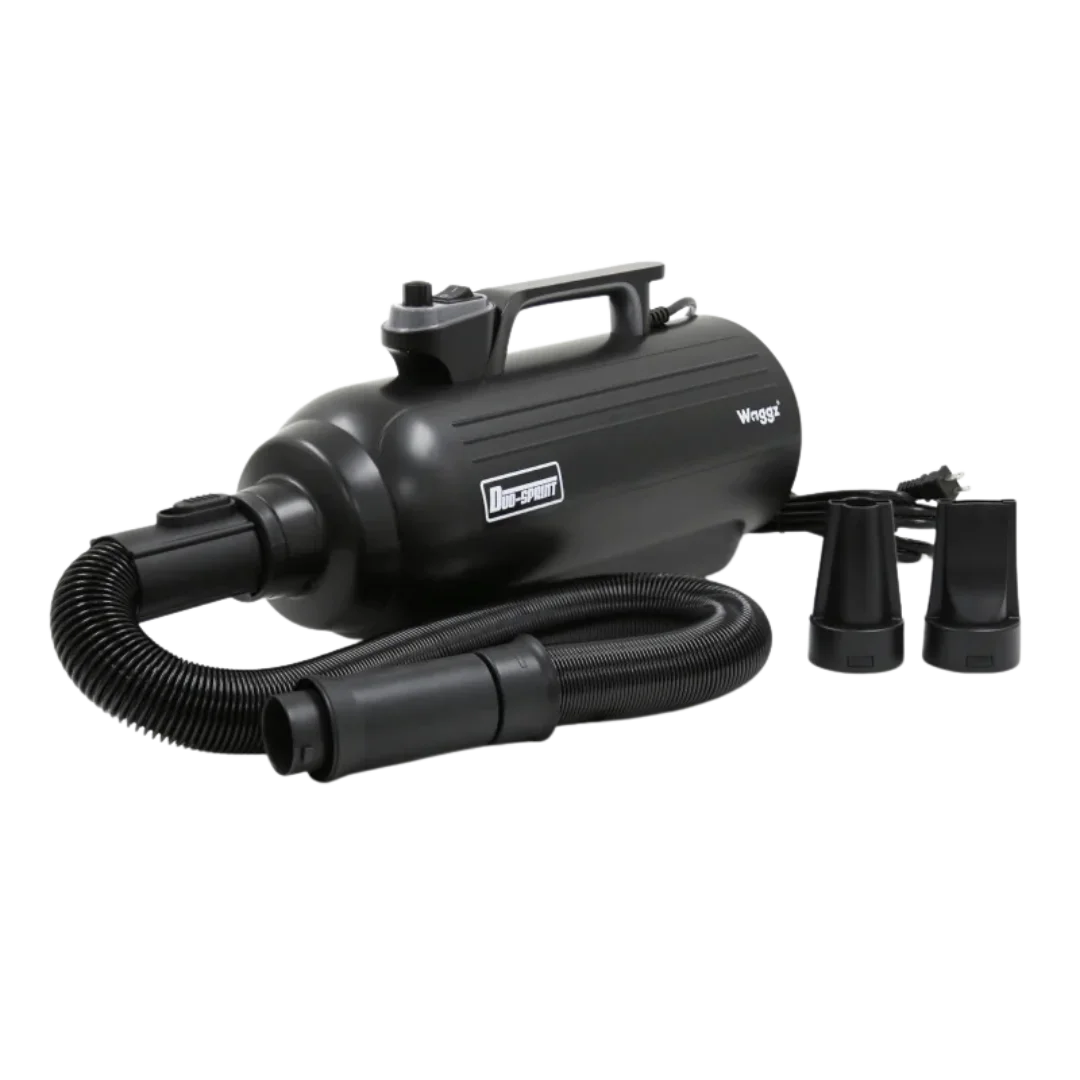 Duo-Sprint Dryer with Movable Dryer Stand by Waggz,"Black pet dryer with hose and two nozzle attachments"