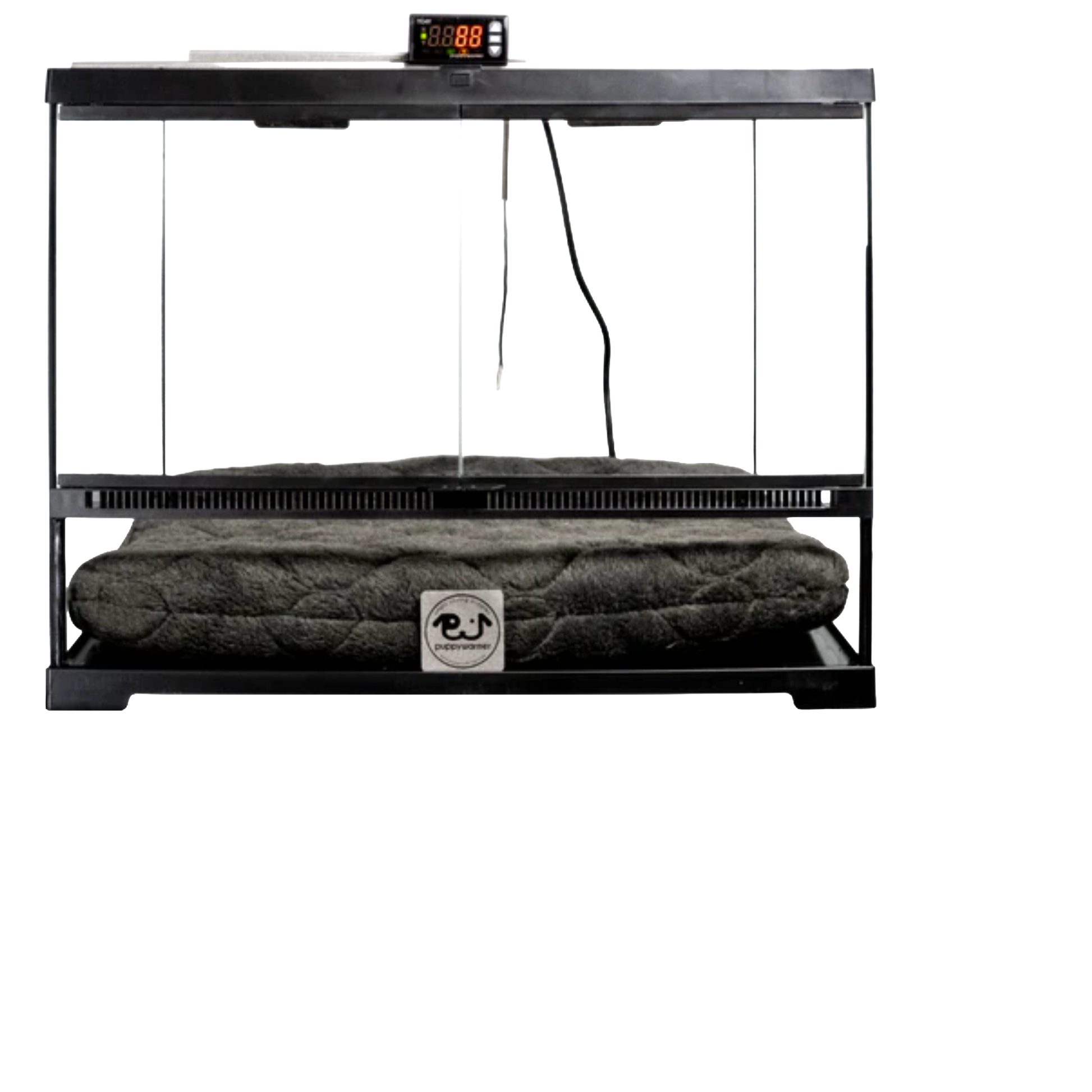 Puppywarmer Bundles,"Glass-front warming unit with digital display and gray pad"