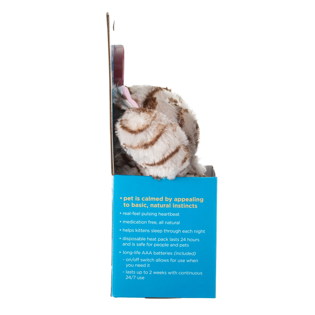 Snuggle Puppy & Kitten,"Plush striped kitten toy in open retail box, side view"