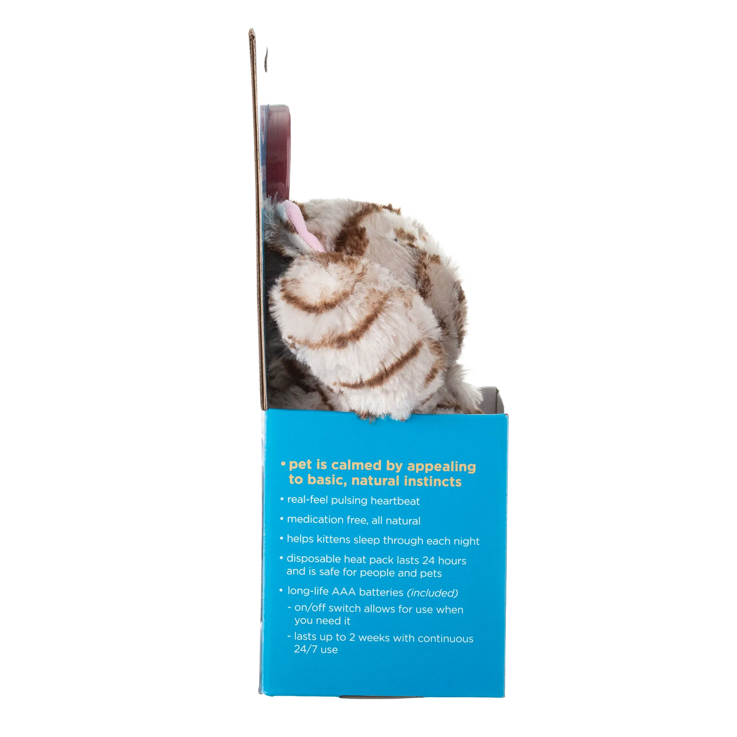 Snuggle Puppy & Kitten,"Plush striped kitten toy in open retail box, side view"