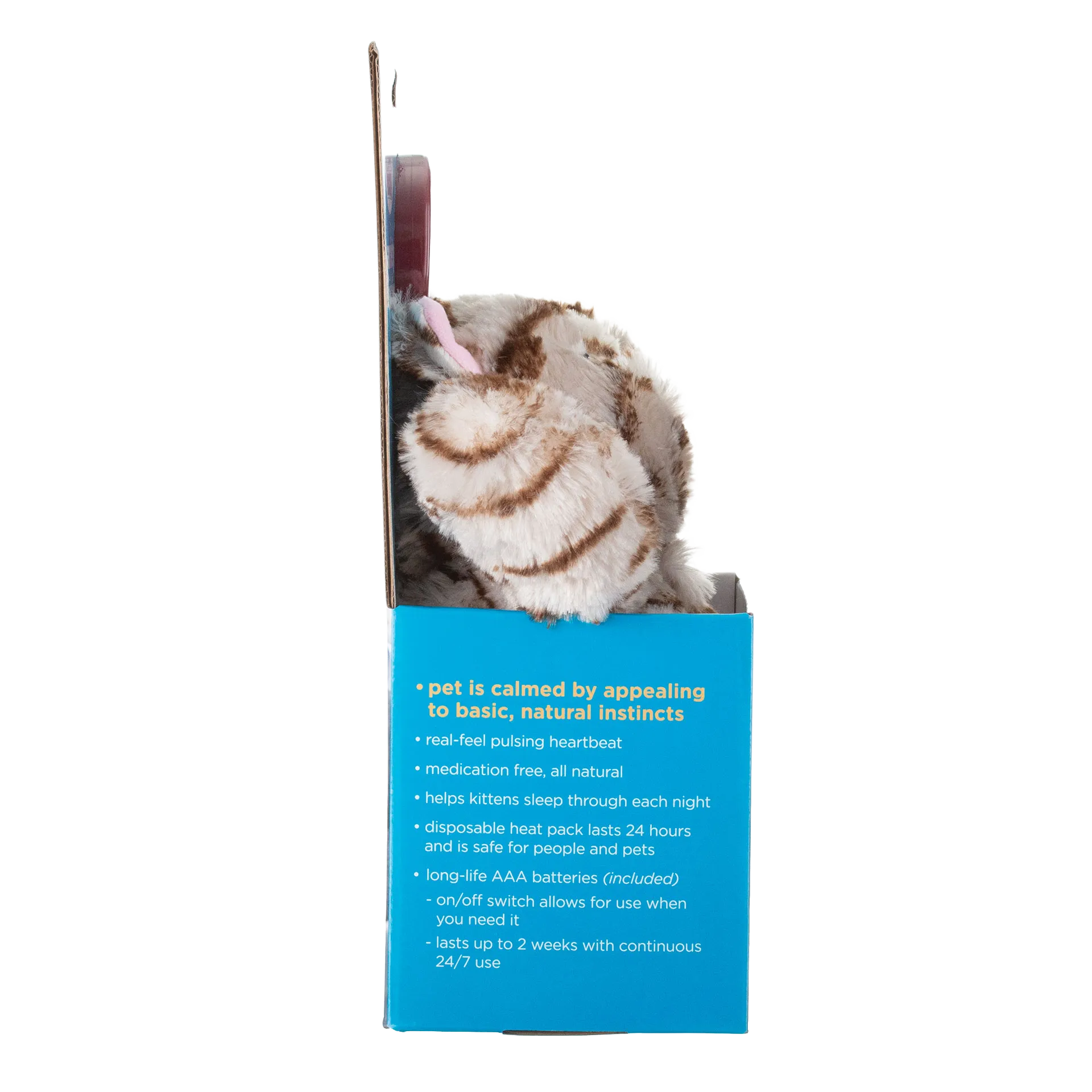 Snuggle Puppy & Kitten,"Plush striped kitten toy in open retail box, side view"