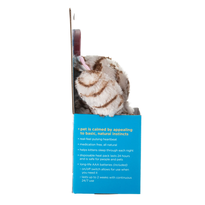 Snuggle Puppy & Kitten,"Plush striped kitten toy in open retail box, side view"