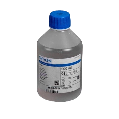 Flexineb® Saline Solution,"Plastic bottle with blue cap and printed label"