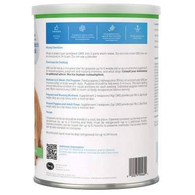 Goats Milk Esbilac® Puppies,"Back view of powder can with feeding directions and barcode"