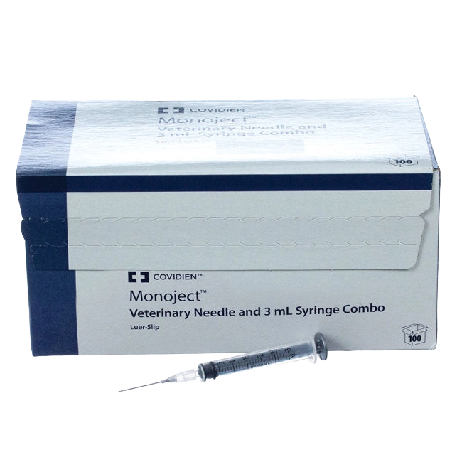 3cc MonoJect™ Syringes with 20 gauge Needles,"Box with syringe and attached needle in front"