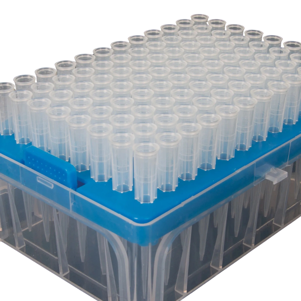 10-100ul Micropipettor Tips,"Clear pipette tips in blue rack tray"