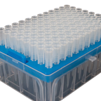 10-100ul Micropipettor Tips,"Clear pipette tips in blue rack tray"