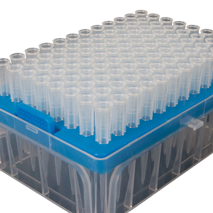 10-100ul Micropipettor Tips,"Clear pipette tips in blue rack tray"