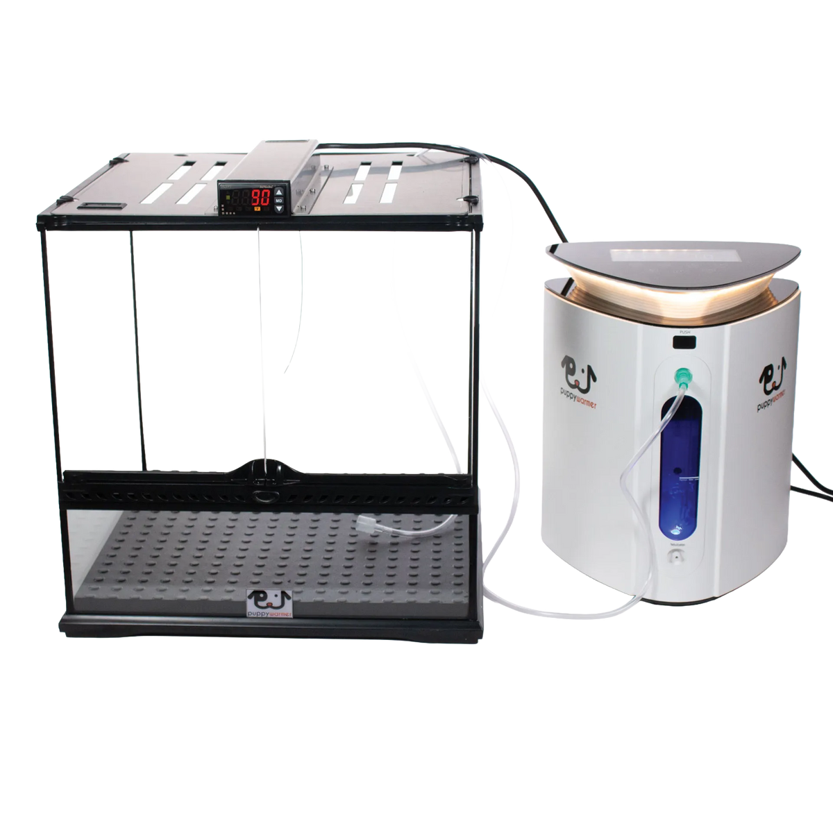 Puppywarmer® Puppy Incubator,"Clear incubator chamber with connected humidifier unit"