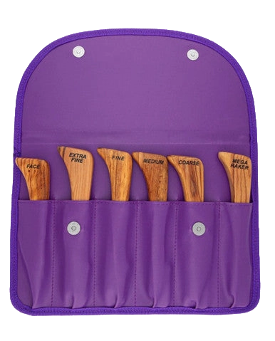 Aaronco Goldfin Set of 6 Gold Plated Stripping Knife,"Six wooden stripping knives in a purple storage pouch"