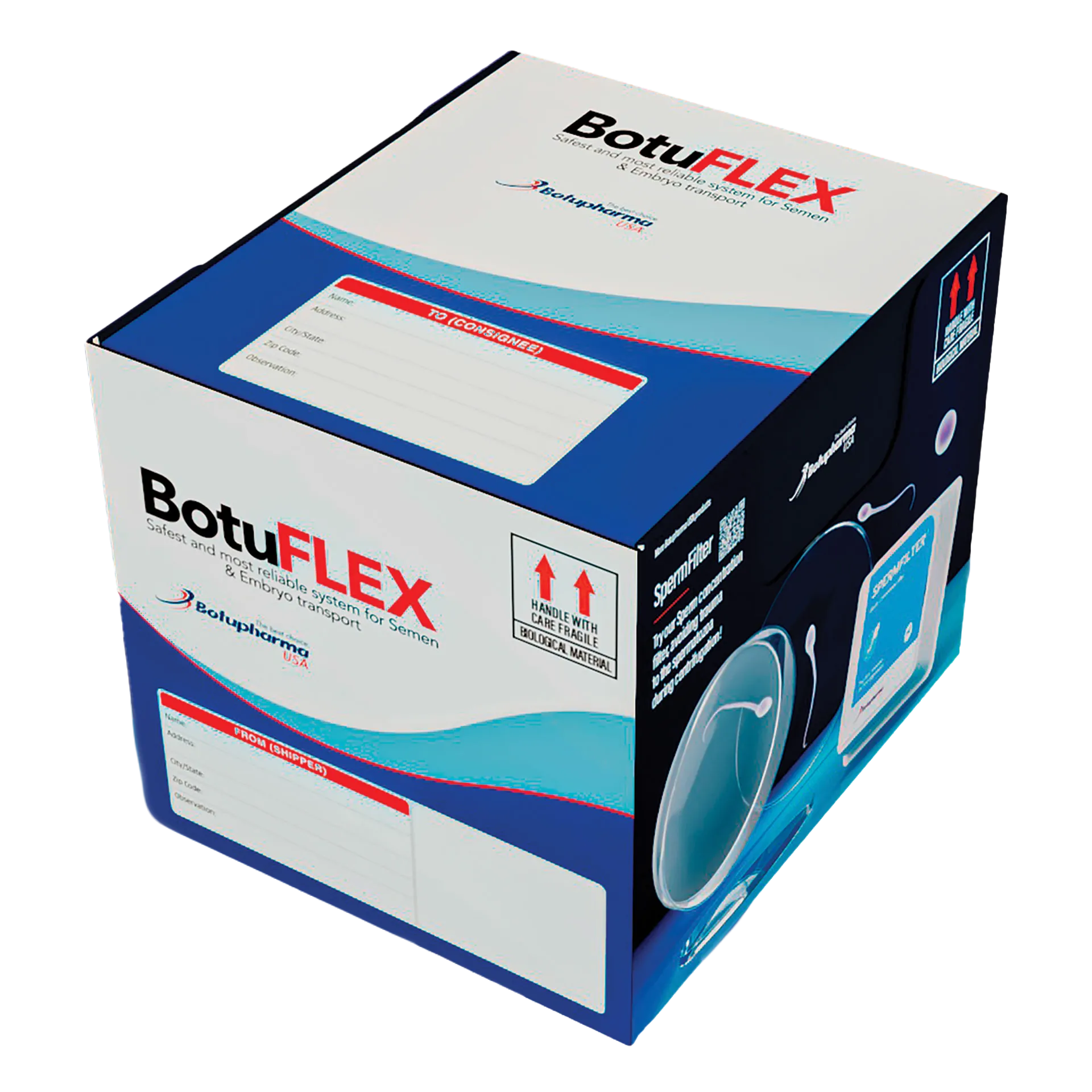 BotuFlex,"Blue and white shipping box with label fields"