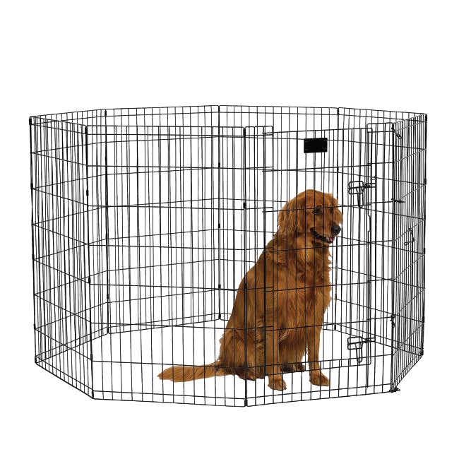 Midwest® Exercise Pen with Walk-Thru Door,"Metal exercise pen with walk-through door and dog inside"