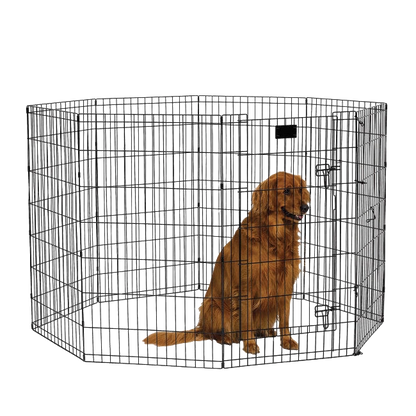Midwest® Exercise Pen with Walk-Thru Door,"Metal exercise pen with walk-through door and dog inside"