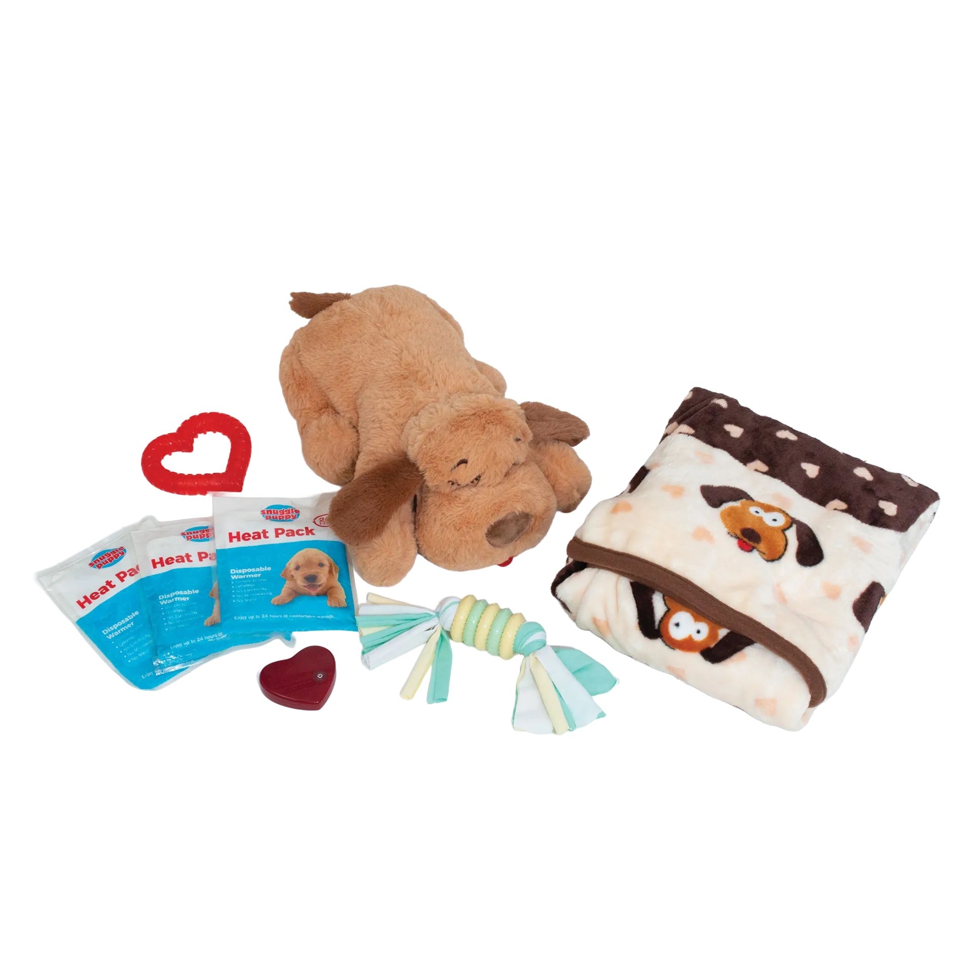 Snuggle Puppy Starter Kit,"Plush dog with blanket, heat packs, heart insert, and rope toy"