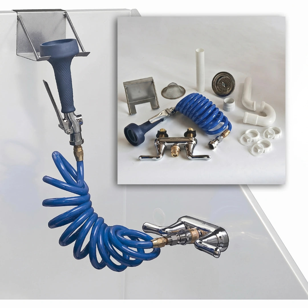 Tub Plumbing Kit,"Blue coiled hose kit with spray nozzle, faucet, drain parts and wall bracket"