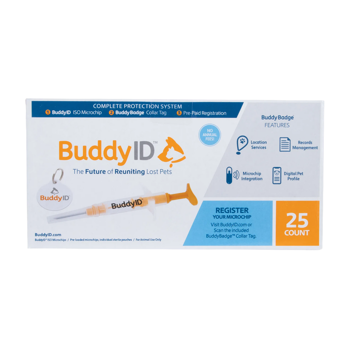 BuddyID® Complete Protection System,"Product box with syringe illustration and round collar tag"