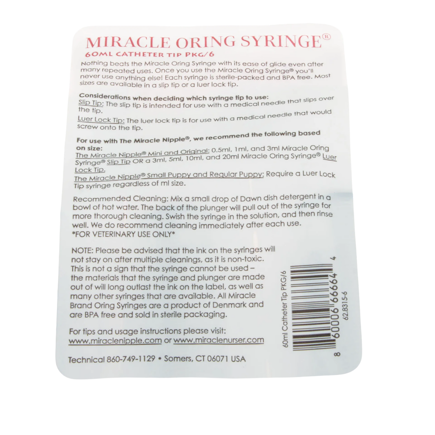 Miracle Nipple O-ring Syringe,"Back of syringe package with barcode and instructions"