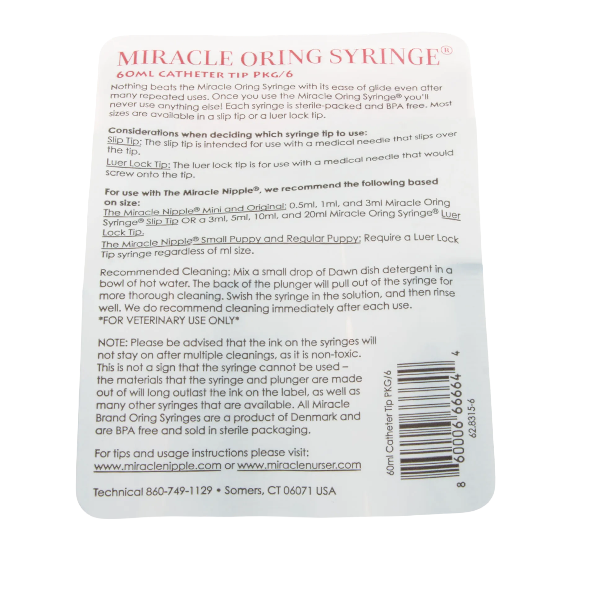 Miracle Nipple O-ring Syringe,"Back of syringe package with barcode and instructions"