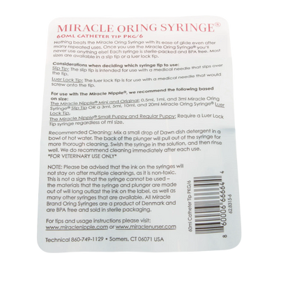 Miracle Nipple O-ring Syringe,"Back of syringe package with barcode and instructions"