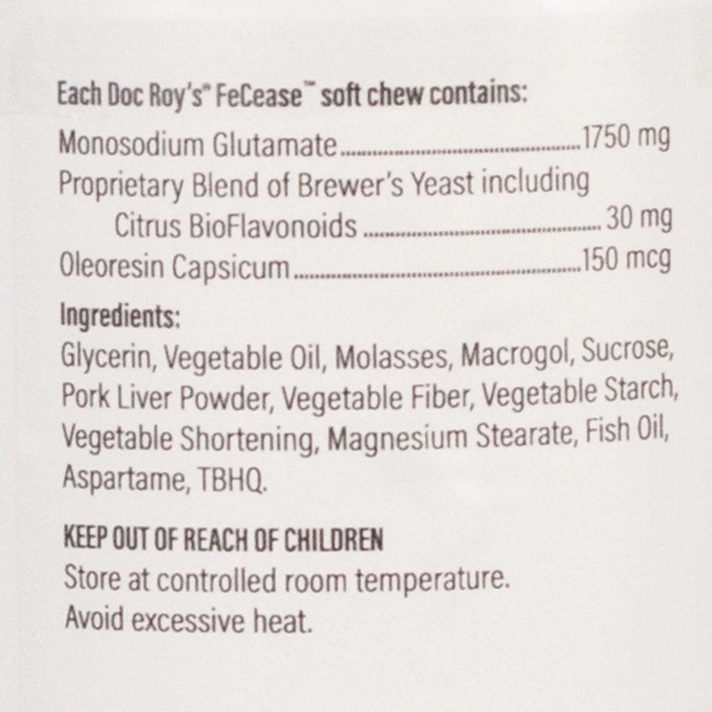 Doc Roy's® FeCease™,"Close-up of package ingredients and supplement facts panel"