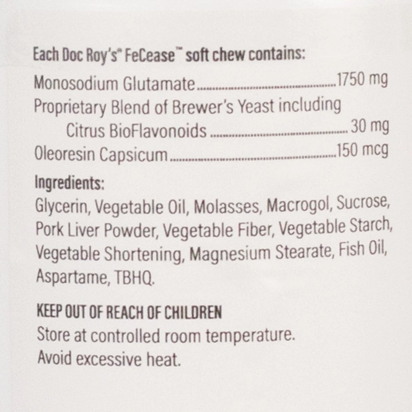 Doc Roy's® FeCease™,"Close-up of package ingredients and supplement facts panel"