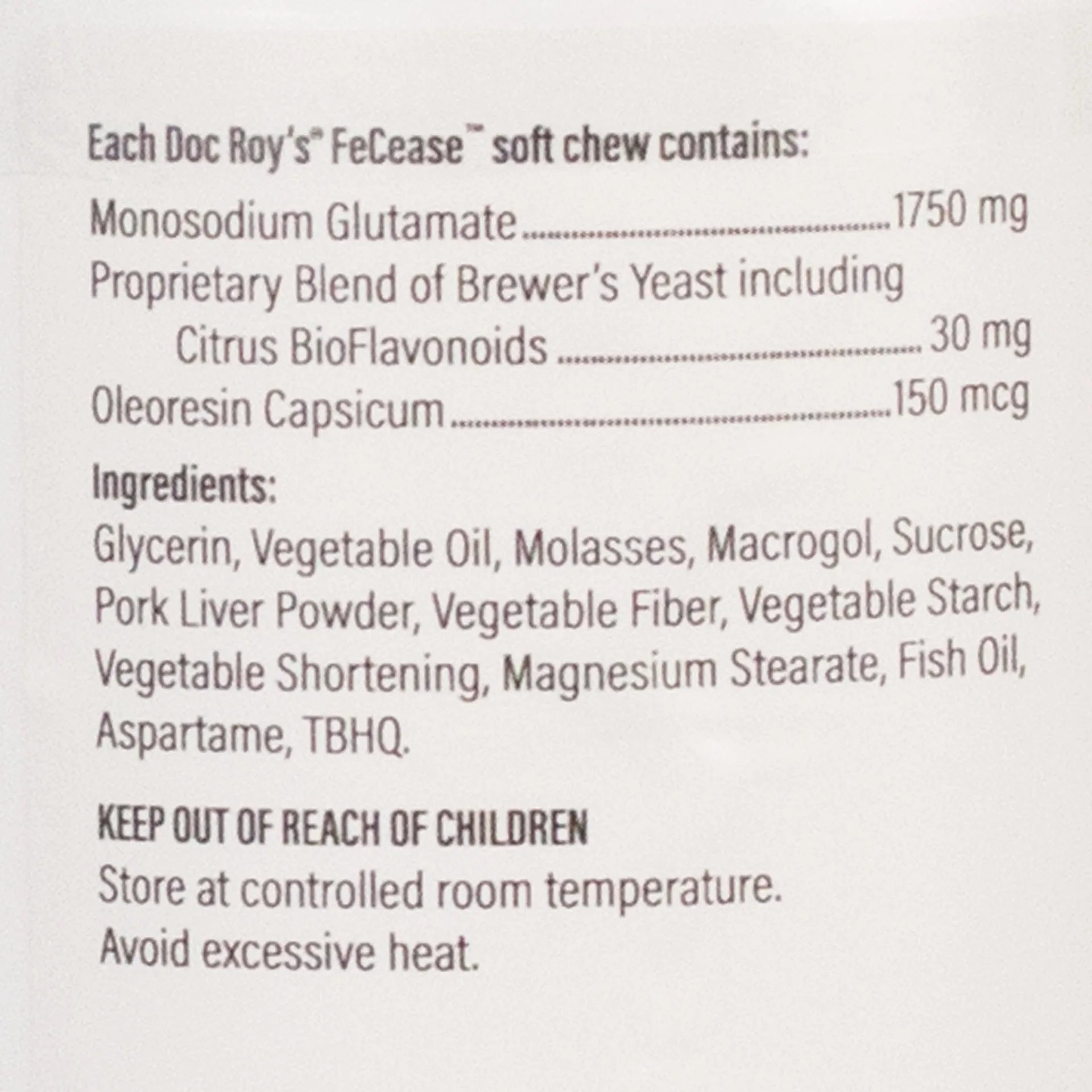 Doc Roy's® FeCease™,"Close-up of package ingredients and supplement facts panel"