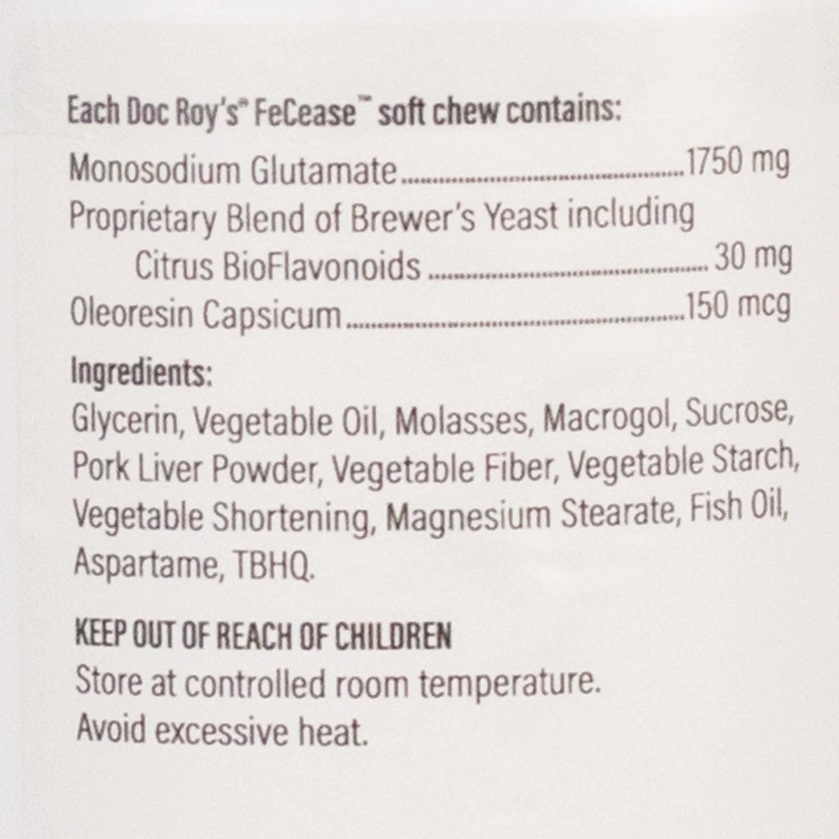 Doc Roy's® FeCease™,"Close-up of package ingredients and supplement facts panel"