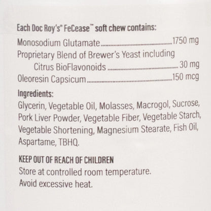 Doc Roy's® FeCease™,"Close-up of package ingredients and supplement facts panel"