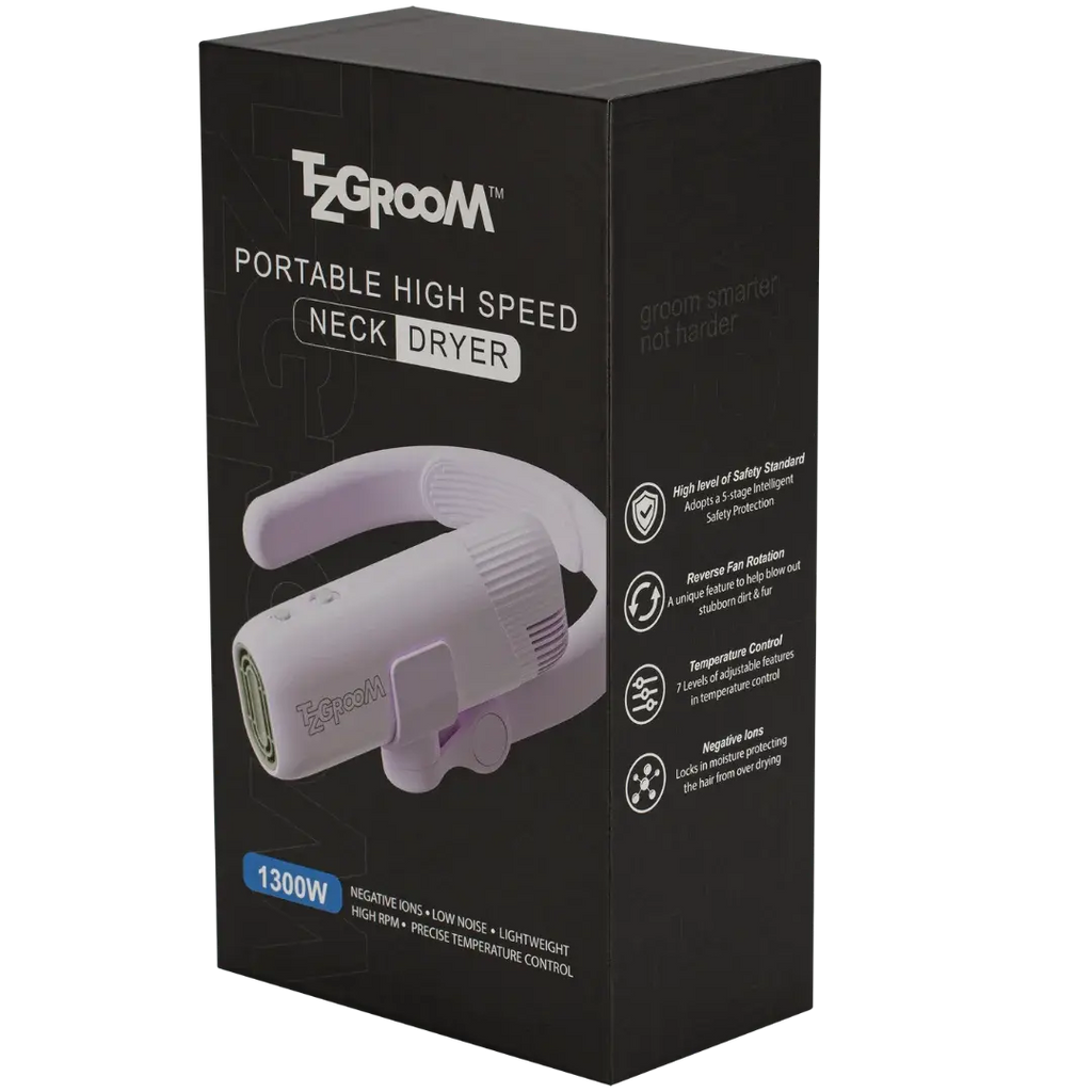 Mini Portable Neck Dryer by TZGroom,"Black product box with neck dryer image and side feature icons"