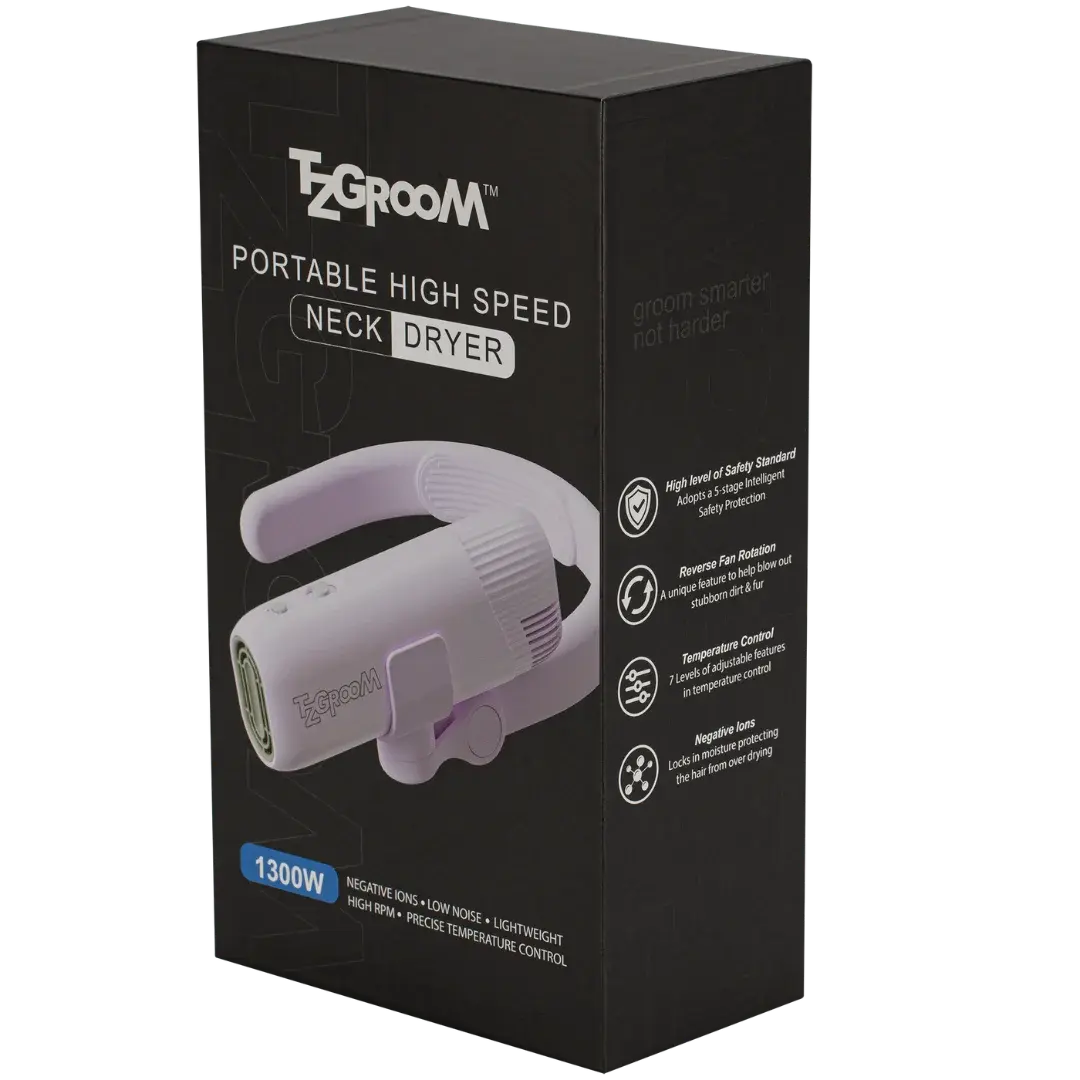 Mini Portable Neck Dryer by TZGroom,"Black product box with neck dryer image and side feature icons"
