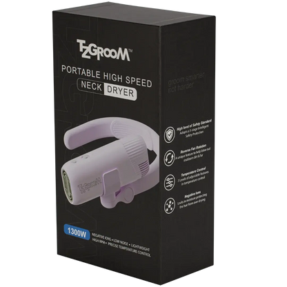 Mini Portable Neck Dryer by TZGroom,"Black product box with neck dryer image and side feature icons"