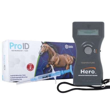 Hero Scanner + Temp and ProID ISO Microchip + Temp 5ct,"Handheld scanner with box, microchip syringe, and cable"