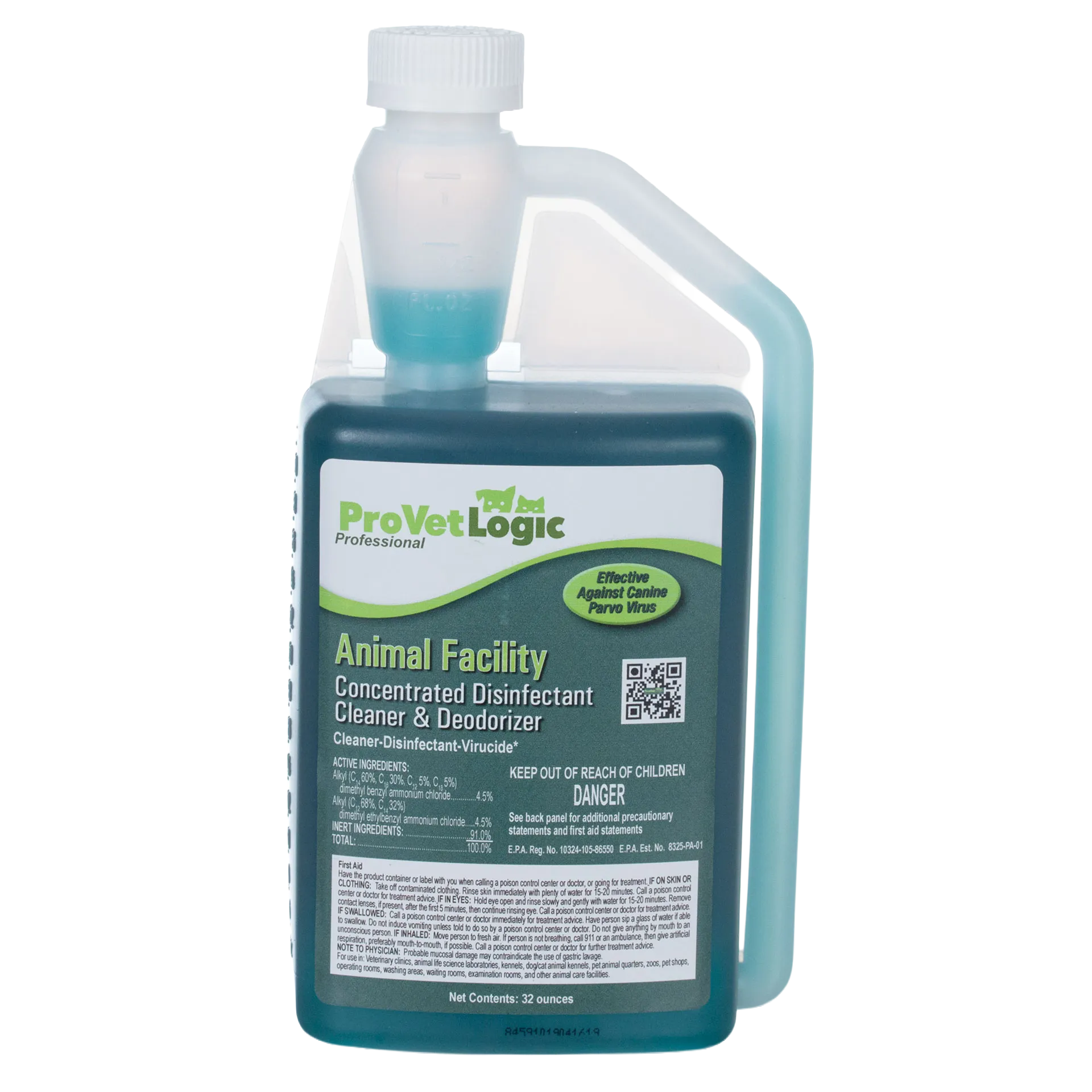 Animal Facility Disinfectant,"Blue handled bottle with white cap and front label"