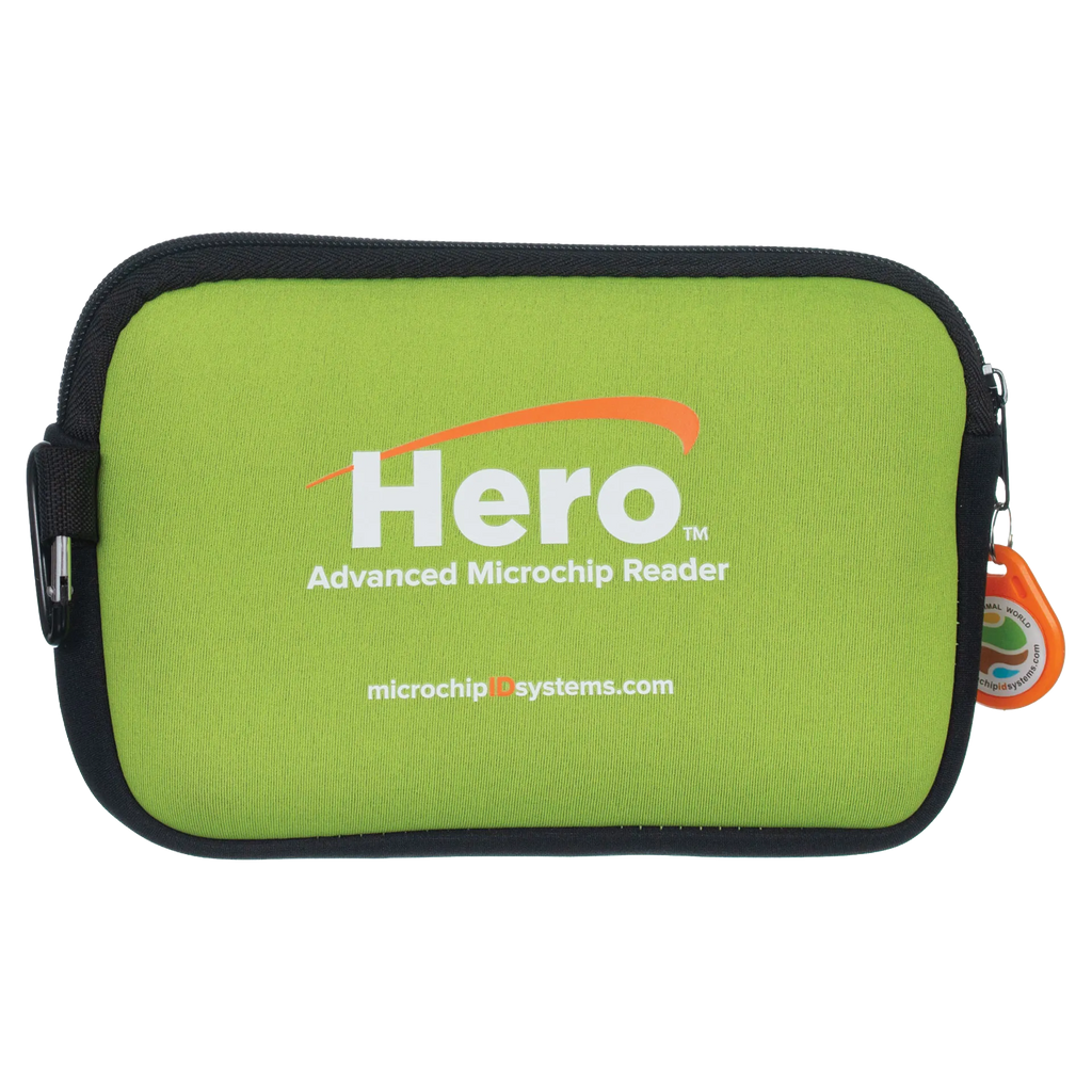Hero™ Universal Microchip Scanner,"Green zippered carrying case with black trim and orange tag"