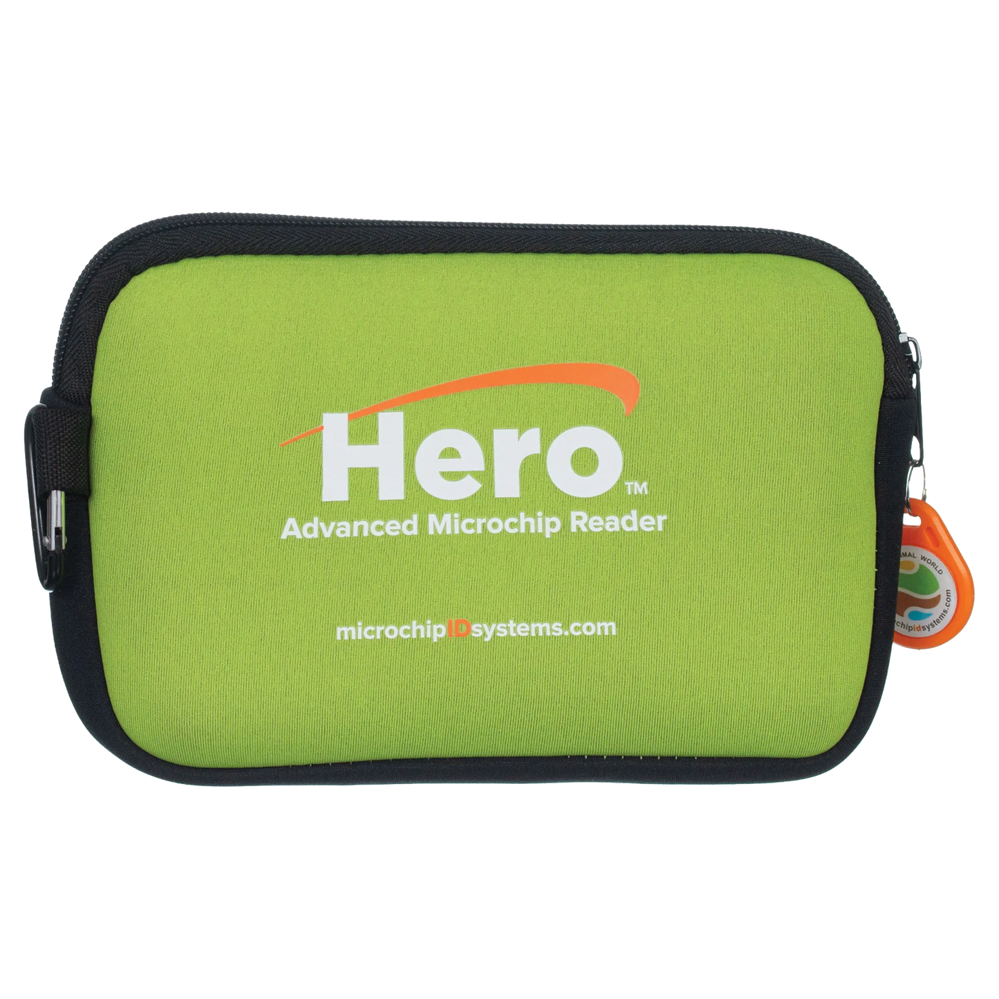 Hero™ Universal Microchip Scanner,"Green zippered carrying case with black trim and orange tag"