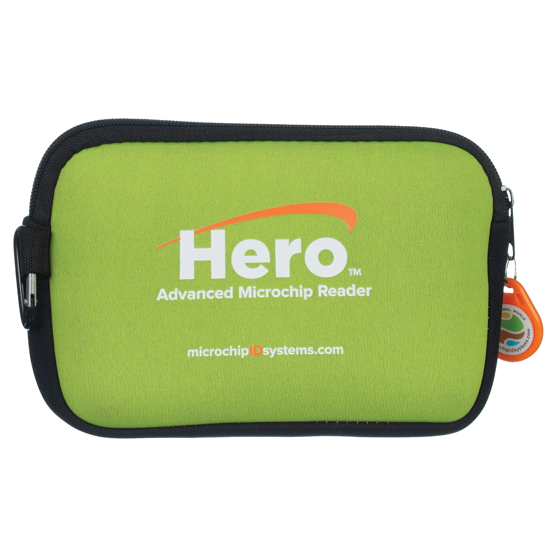 Hero™ Universal Microchip Scanner,"Green zippered carrying case with black trim and orange tag"