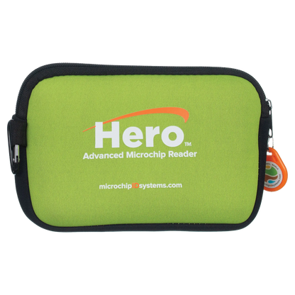 Hero™ Universal Microchip Scanner,"Green zippered carrying case with black trim and orange tag"