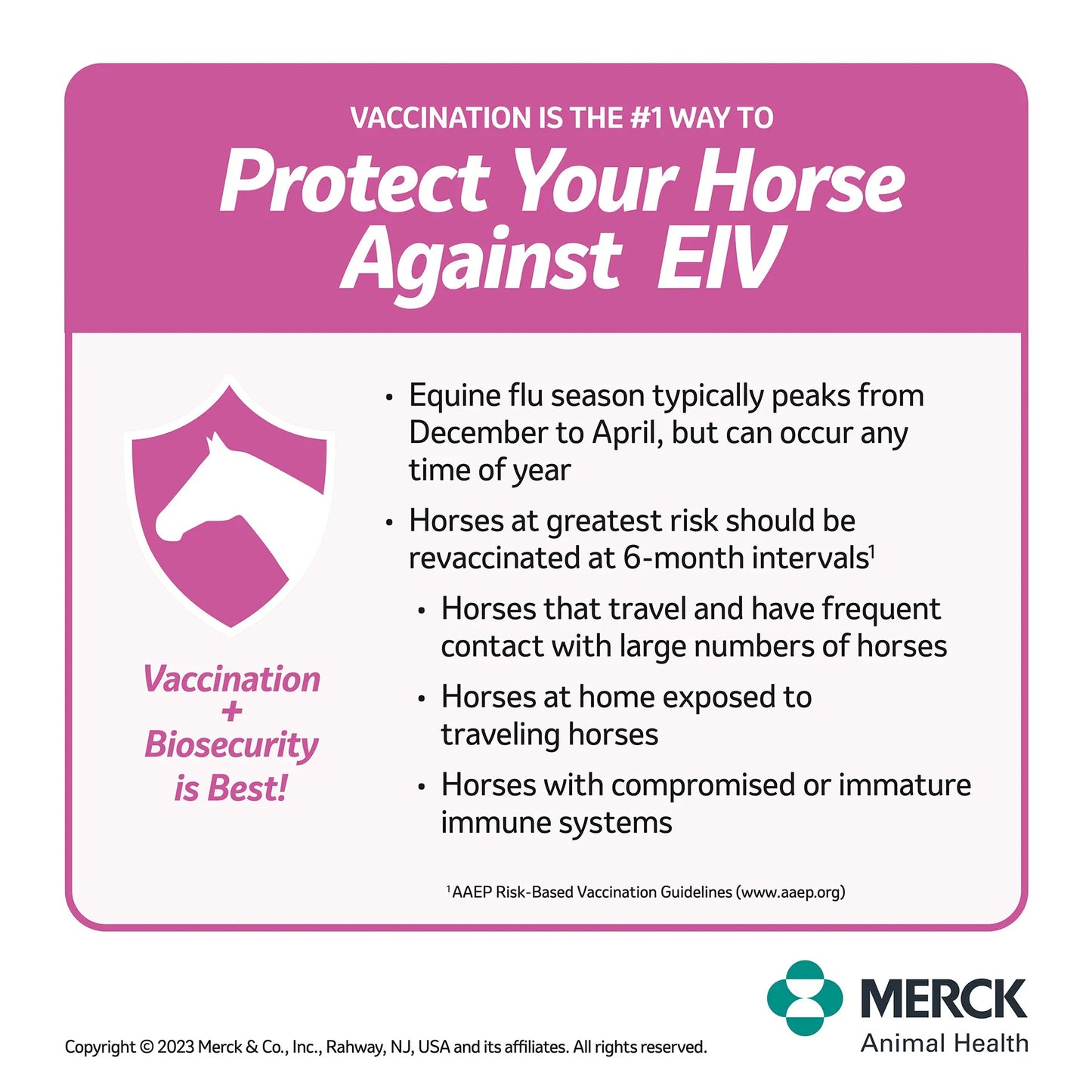 Prestige® 5+ WNV with Havlogen®,"Pink horse vaccination information sheet with shield icon"
