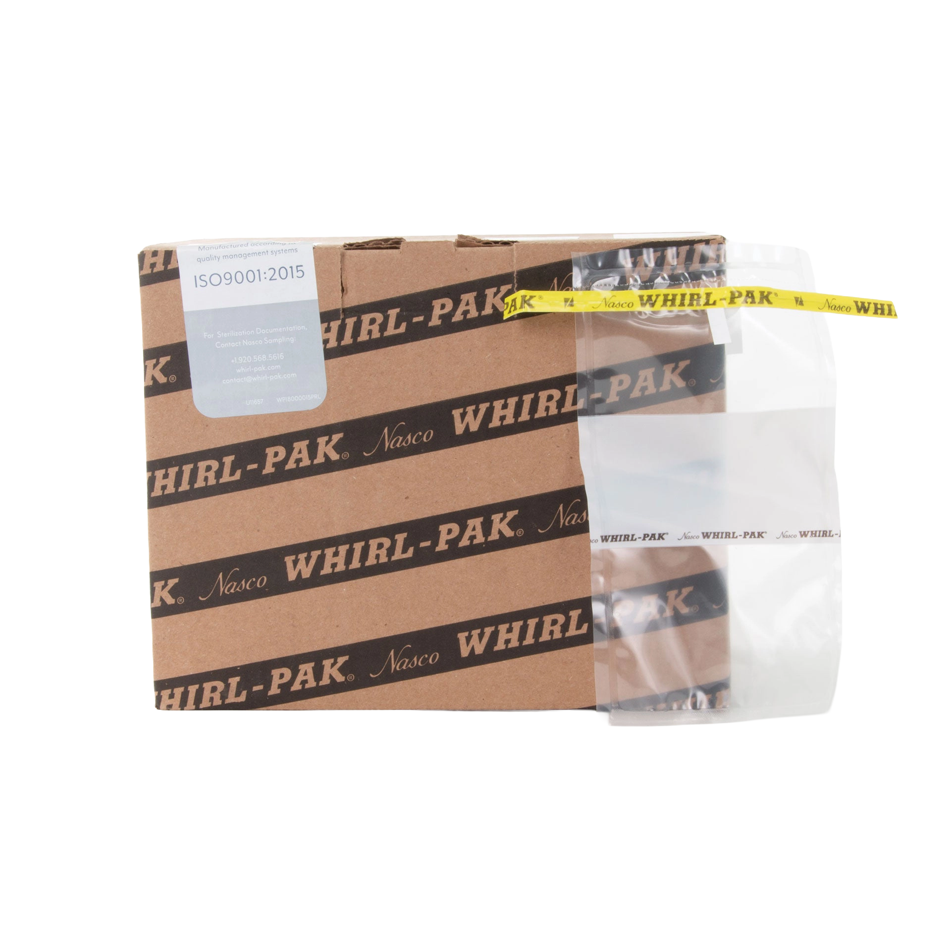 Whirl-Pak Bags,"Clear sample bag with yellow closure strip beside cardboard box"